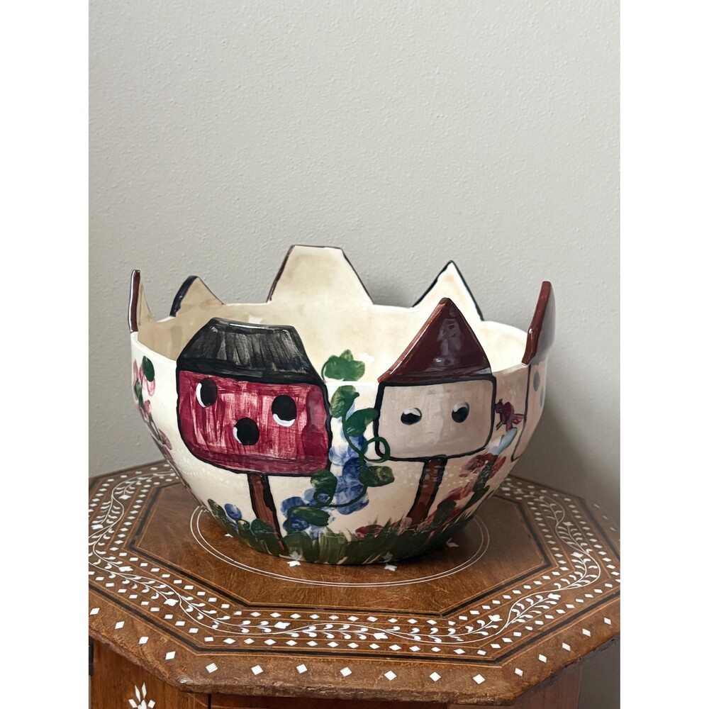 Vintage 1997 Expressly Yours Large Ceramic Serving Bowl Birdhouses